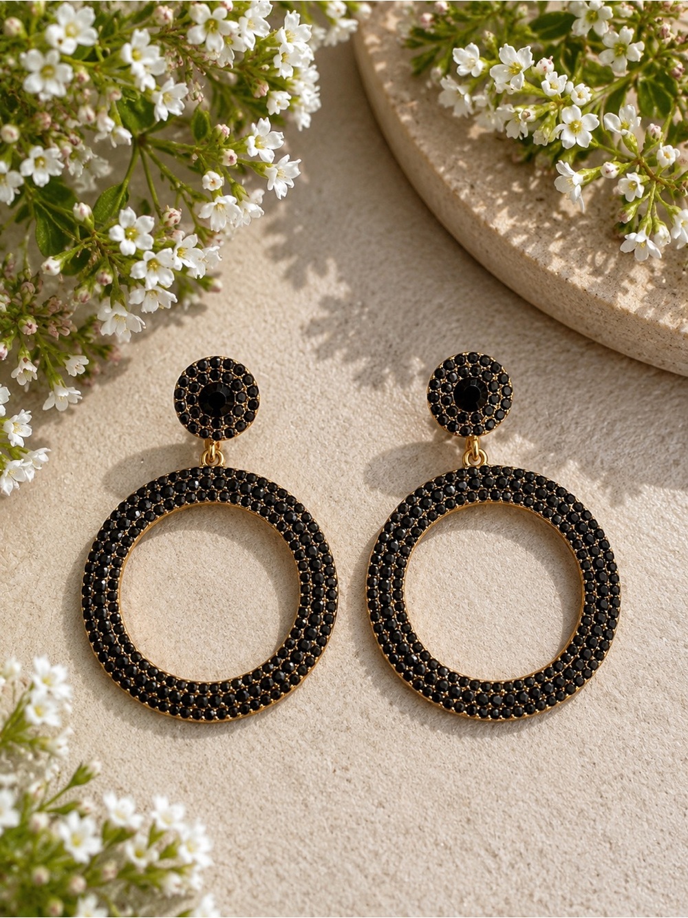 Neiman Marcus Gold-Tone Black Pavé Open Circle Drop Earrings